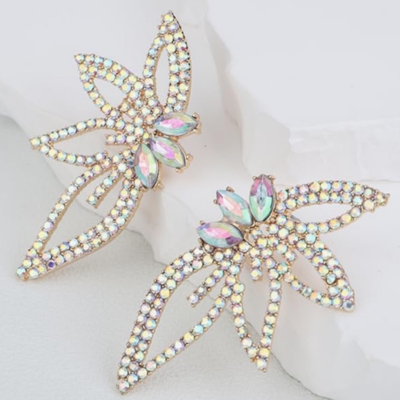 Abstract Floral Green Rhinestone Earrings CZ Crystal Flower Wings Art Deco New - Picture 6 of 7